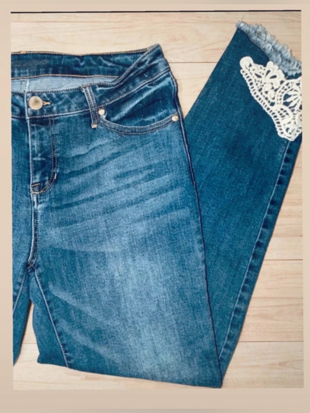 Women's Blue Denim Jeans with Crochet Trim